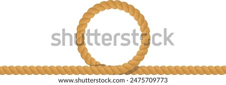 Realistic beige rope looped circle isolated white background. Strong fiber cord forming loop hanging lifting. Durable twisted rope loop graphic element illustration