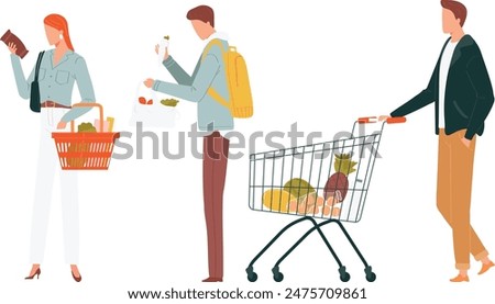 Woman holding shopping basket examining product, casual outfit. Man inspecting lettuce plastic bag, yellow backpack. Male pushing cart groceries, stylish clothing, supermarket shopping