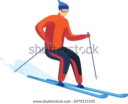 male skier wearing blue beanie, orange jacket, red gloves, black pants, goggles skiing snow, holding ski poles skiing high speed. Background appears be isolated white background. Young man downhill