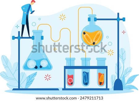 Scientist researching lab flasks beakers experiment study. Man white coat tablet observing test tubes liquid substance. Laboratory equipment flask solution blue background. Lab technician chemical