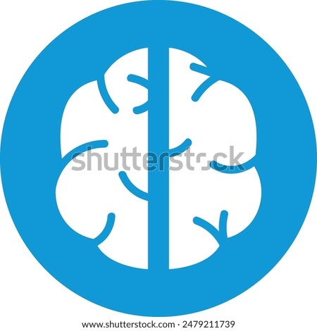 Stylized blue brain icon, circular format, divided segments, white, brain graphic, bold blue color, isolated white. Icon representing brain