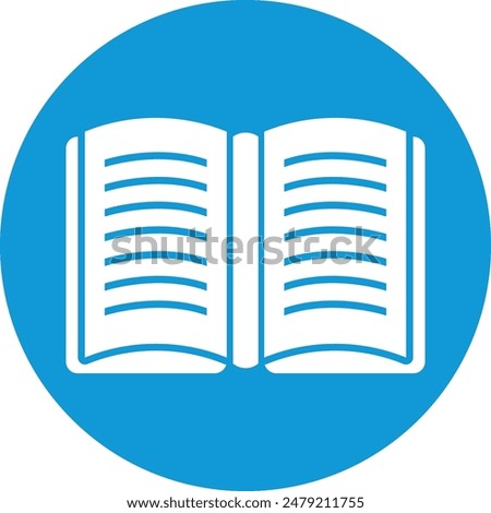 Open book icon blue round background isolated white. Symbol reading knowledge literature open book, book illustration educational study learning content