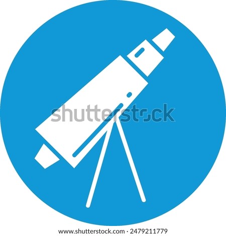 Telescope icon circular shape blue background white tripod optical device star gazing astronomy equipment. Isolated symbol observatory studies research. Flat design educational tool scientific