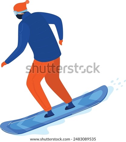 Male snowboarder gliding downhill, winter sport activity, wearing blue jacket red pants. Young adult enjoying snowboarding, sporty outfit, cool pose, isolated white background. Athletic person