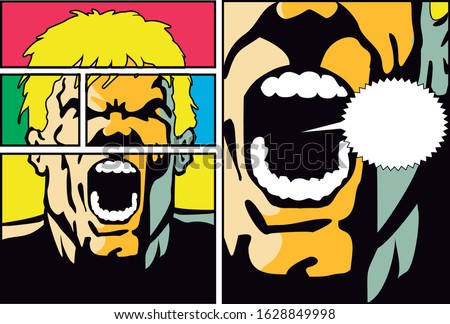 Man screaming with a frown and an open mouth. Face in close-up with empty bubble speech. Vector illustration in comic strip style, available in EPS 10. 