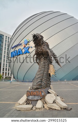 bucharest, romania - 29 july: smaug statue, a commercial for the movie \