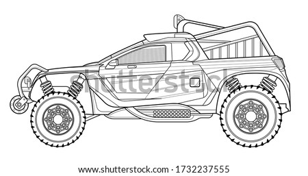 Coloring page contouring for book and drawing. Concept vector illustration. Off road drive vehicle. Graphic element. Car wheel. Black contour sketch illustrate Isolated on white background.