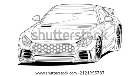 Coloring page vector line art for book and drawing. Black contour sketch illustrate Isolated on white background. High speed drive vehicle. Graphic element. Illustration car. Stroke without fill