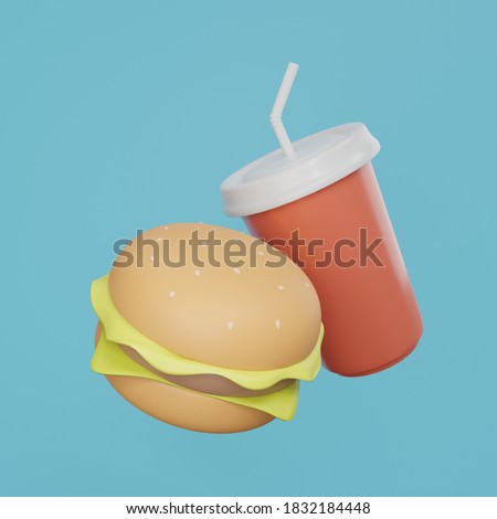 Hamburger and soda water 3d rendering. food 3d illustration