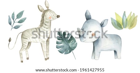 Safari animals watercolor illustration with baby zebra, rhinoceros and tropical jungle foliage for nursery 