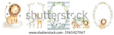 Safari animals watercolor illustration,  invitation frame template with baby elephant, lion, tiger, zebra, rhinoceros and giraffe 