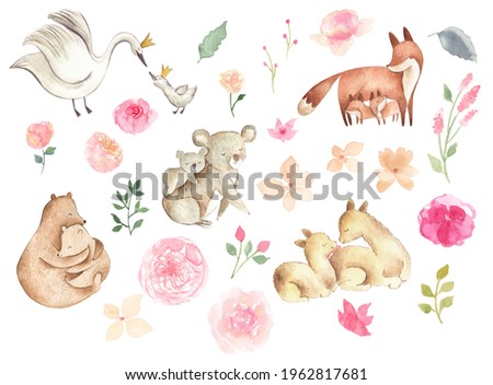Watercolor animals illustration with mother and baby bear, koala, fox with boho flowers 