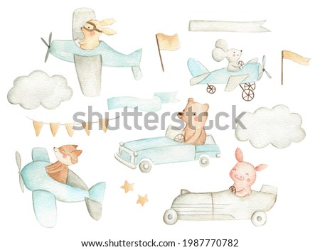 Cars and planes woodland baby nursery animals watercolor illustration pattern