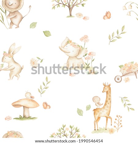 Watercolor woodland baby animals seamless pattern pastel color illustration  for nursery 