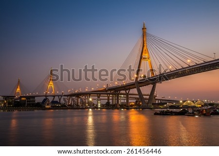 Bhumibol Bridge at evening twilight, Bangkok Thailand - public bridge / No commercial logo