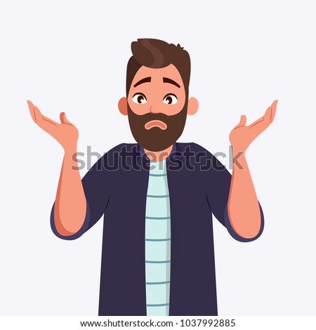 oops, sorry, I do not know, question, doubt. Man shrugs his shoulder and spreads his hands. Vector illustration in cartoon style. millennials. character illustration