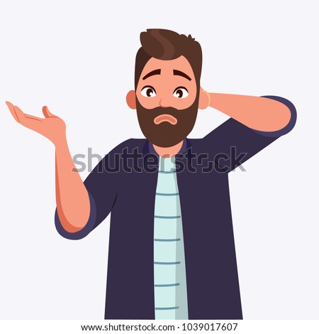 oops, sorry, I do not know, question, doubt. Man shrugs his shoulder and spreads his hands. Vector illustration in cartoon style. millennials. character illustration