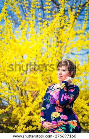 pregnant girl looks against the yellow bushes