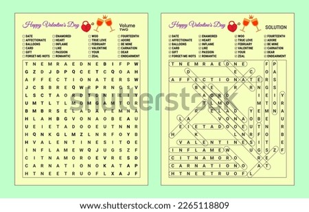 This is a Valentine's day word search puzzle suitable for adults and older children. Printable format size is US letter size or larger.
