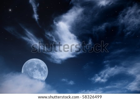 Fantastic night landscape with the moon, clouds and stars