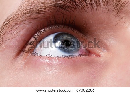 blue men eye with red blood vessels macro