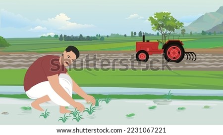 young man working on agriculture land, tractor, indian village