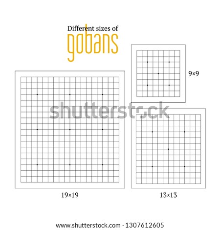 Vector line of empty goban grid of different sizes. Go board game equipment. Template for presentation baduk positions. For print, for kifu notebooks. Weiqi, igo. 9 by 9, 13 by 13 and 19 by 19 boards.