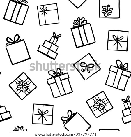 Hand drawn seamless pattern with outline gifts with bows in cartoon style. Doodle thin line gift box texture with different bows. Gift wrap, package. Doodle gift box wallpaper on white background. 