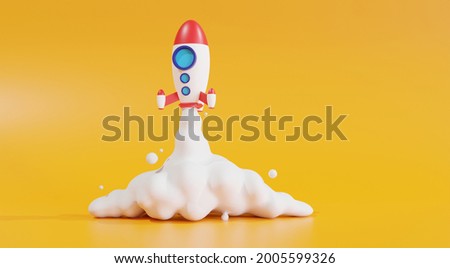 Toy rocket takes spewing smoke on a yellow background. The symbol for success is Start-up education and knowledge. 3D illustration