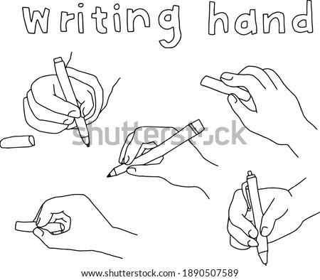 A set of doodle illustrations of the writing hand.
There are pens, pencils, chalks, etc.
