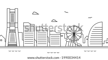 Background illustration of an urban cityscape in Yokohama, Japan.
There are illustrations of Minato Mirai, Landmark Tower, Ferris wheel, clouds and seagulls.