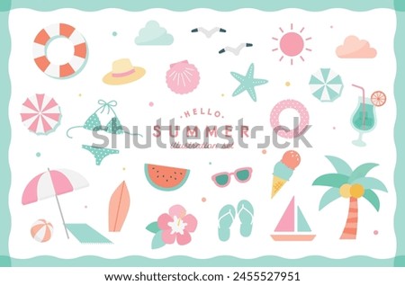 Simple cute illustration set of summer items.
These icons are related to summer vacation, tropical sea, beach, and travel.