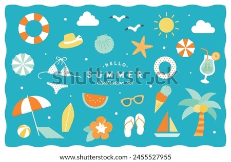 Simple cute illustration set of summer items.
These icons are related to summer vacation, tropical sea, beach, and travel.