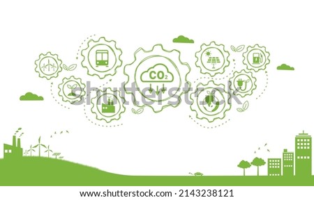 Reduce carbon dioxide emissions to limit global warming and climate change. Lower CO2 levels with sustainable development as renewable energy and electric vehicles - green city vector Foto d'archivio © 