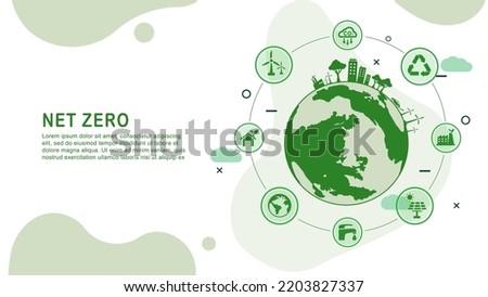 Net zero and carbon neutral concept. Net zero greenhouse gas emissions target. Climate neutral long term strategy with green net zero icon and green icon on green circles green world background.	
