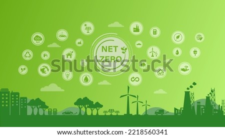 Net zero and carbon neutral concept. Net zero greenhouse gas emissions target. Climate neutral long term strategy with green net zero icon on green background with green eco city .