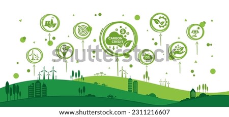 The concept of carbon credit with icons. Tradable certificate to drive industry and company to the direction of low emissions and carbon offset solution. Green vector illustration template. 
