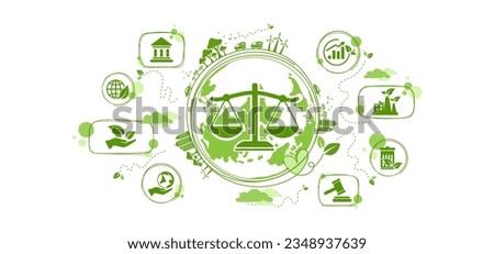Green rights and law or environment law for better living with eco friendly and sustainable future. Green environment template with isolated icons. Modern flat infographic, vector illustration.	
