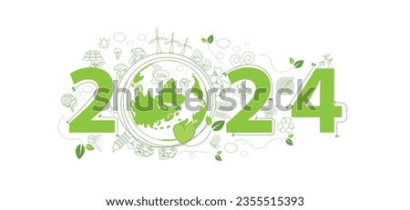 2024 New year, Eco friendly, Sustainability planning concept with globe and World environmental green doodle icons drawing set on white background ,Vector illustration.