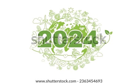 2024 New year, Eco friendly, Sustainability planning concept with globe and World environmental green doodle icons drawing set on white background ,Vector illustration