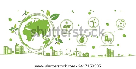 Renewable, green energy and save energy web banner. Ecology, Sustainable clean industrial factory, renewable energy sources and green electricity concept icons. Environment doodle flate design vector 