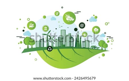 The concept of carbon credit with icons. Tradable certificate to drive industry and company to the direction of low emissions and carbon offset solution. Green vector illustration template.