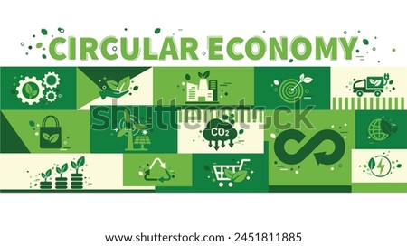 Circular economy concept for future growth of business. Reuse and renewable material resources and sustainable environment with icons. Green ecology template infographic flat design vector web banner 