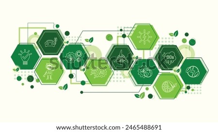 The Concept of AI, Artificial Intelligence and Green Technology For Sustainability Development. Ecology Icons, Environment Vector, Eco Friendly and Green Economy. Flat Doodle Template Design.