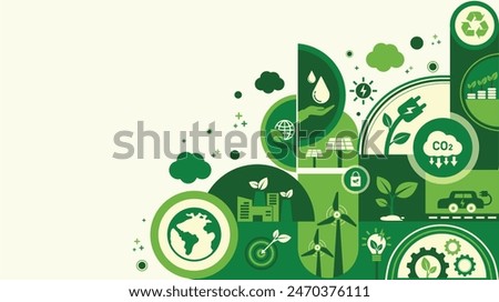 World environment and sustainable development concept with ecology  icons template vector flat design, eco friendly and green technology. ESG for business and organization. Net zero and carbon neutral