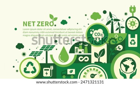 Net zero and carbon neutral concept. Net zero greenhouse gas emissions target. Climate neutral long term strategy with green net zero icons. Environment web banner with green city vector template.