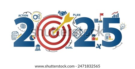 2025 new year goal plan action with target icons, Business plan, financial plan and strategies. Annual plan and development for achieving goal, achievement and success in 2024. Vector illustrator set.