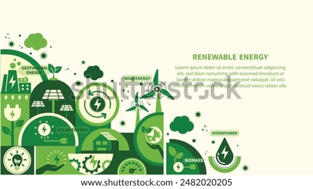 Renewable, green energy and save energy web banner. Ecology, Sustainable clean industrial factory, renewable energy sources and green electricity concept icons. Environment doodle flate design vector