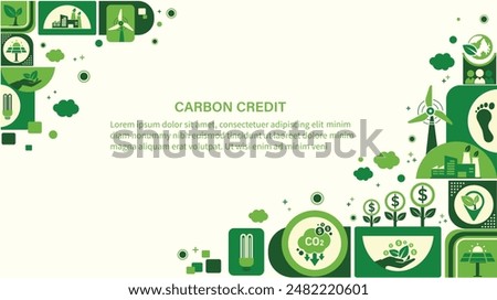 The concept of carbon credit and carbon footprint with icons.Tradable certificate to drive industry and company to the direction of low emissions and carbon offset solution.Green vector template.