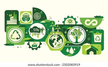 World environment and sustainable development concept with ecology icons template vector flat design, eco friendly and green technology. ESG for business and organization. Net zero and carbon neutral